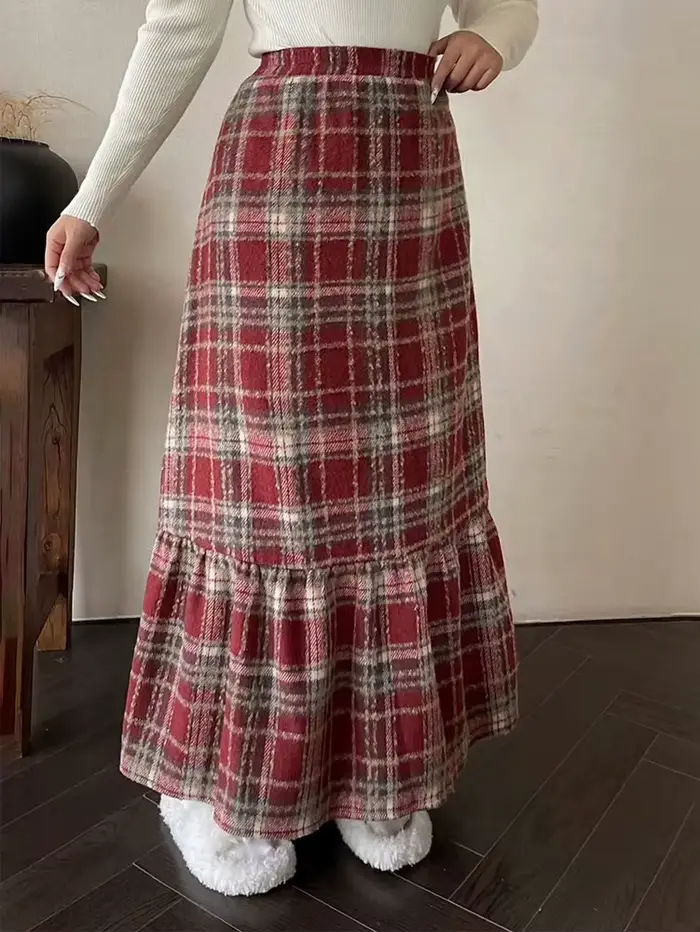 Jupe trapèze amincissante à taille haute à carreaux rouges pour femmes grandes tailles – Parfaite po