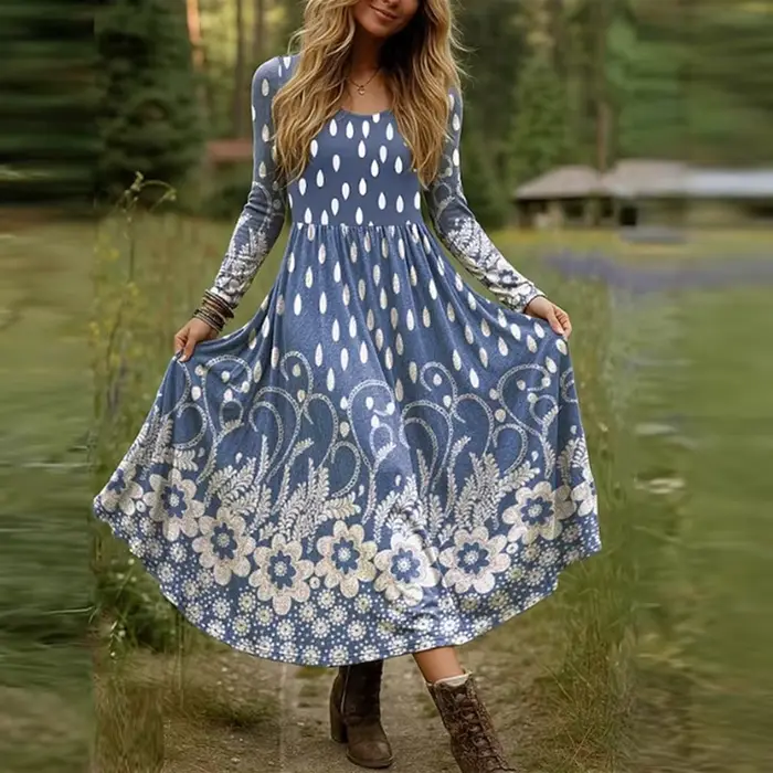 Robe longue style Boho, grande taille, col rond, manches longues, ligne a, robes de soirée pour femm