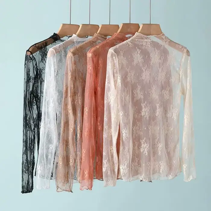 T-shirt en dentelle polyester pour femmes junior, style décontracté, transparent, confortable et élégant pour printemps été