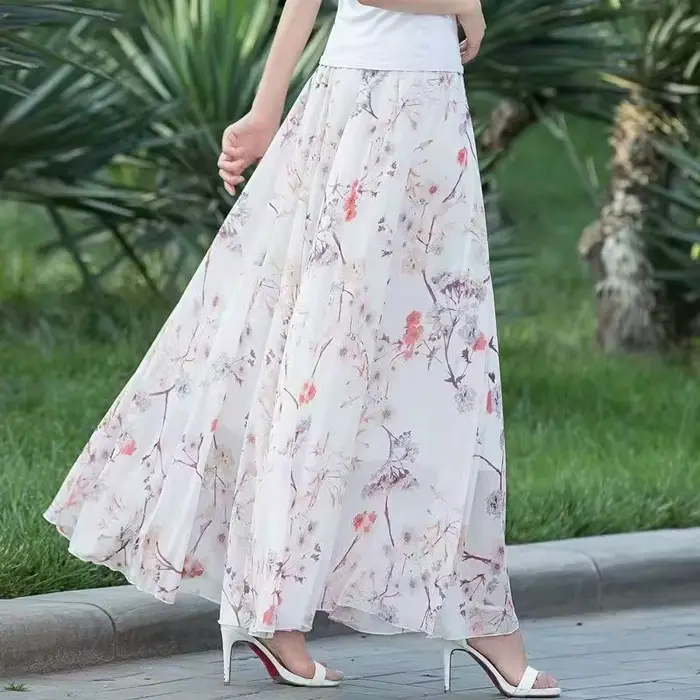 Jupe longue taille haute en mousseline de soie pour femme