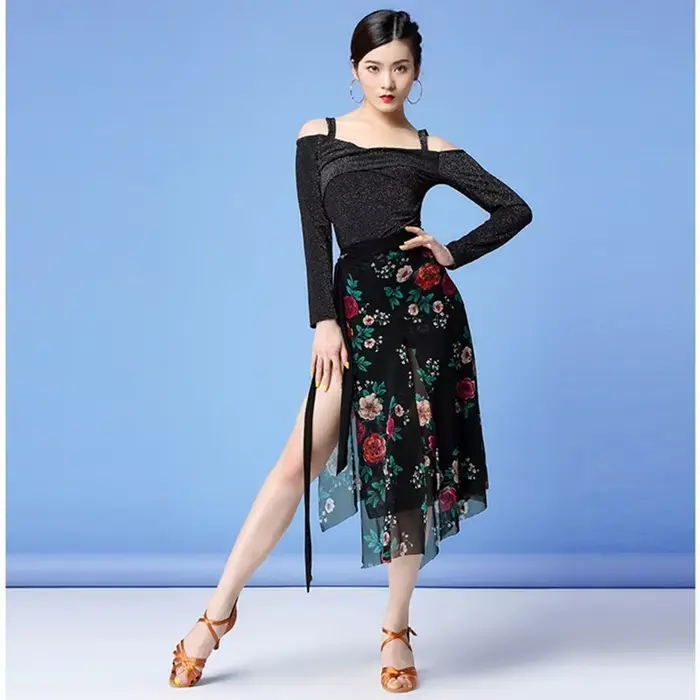 Jupe de danse latine en polyester imprimé floral coloré pour femmes, jupe de danse de salon, tango, salsa, danse de ventre, occasion spéciale