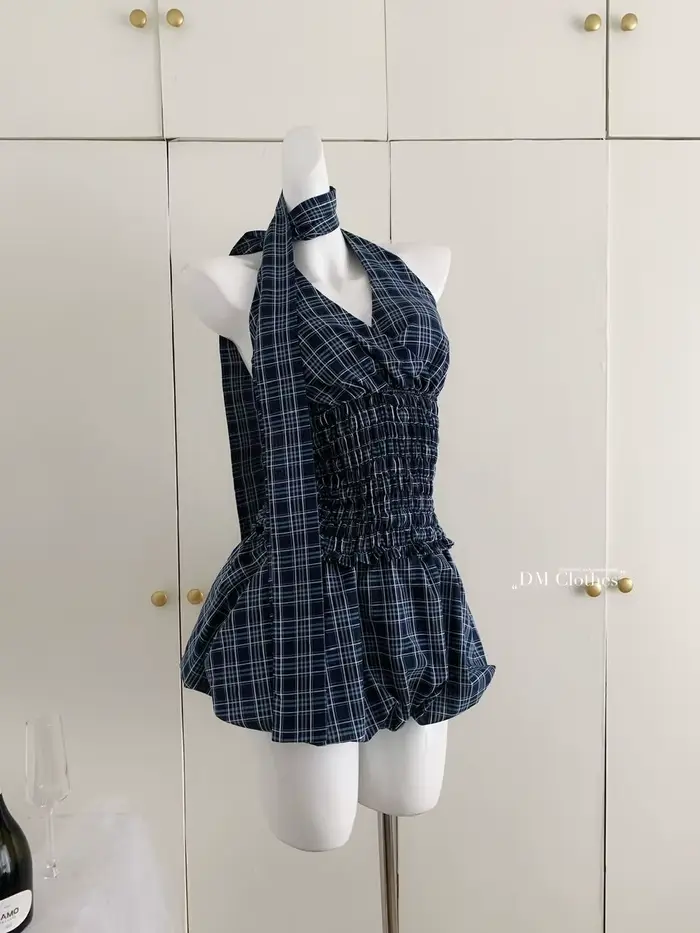 Rétro bleu marine haut à carreaux jupe courte costume femmes été Internet célébrité rue américaine douce fille chaude