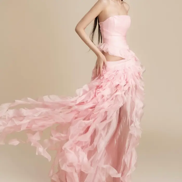 Jupe longue rose poudré pour femme, à volants superposés, longueur ras du sol, idéale pour les soiré