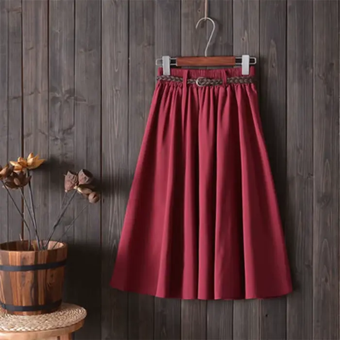 Midi genou longueur jupe d'été femmes avec ceinture mode coréenne dames taille haute plissée a-ligne
