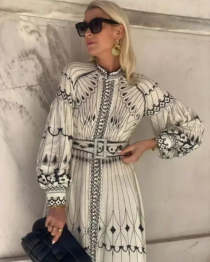 Robe longue élégante rétro à col montant pour femme, imprimé floral, ceinture à boucle, pour soirée,