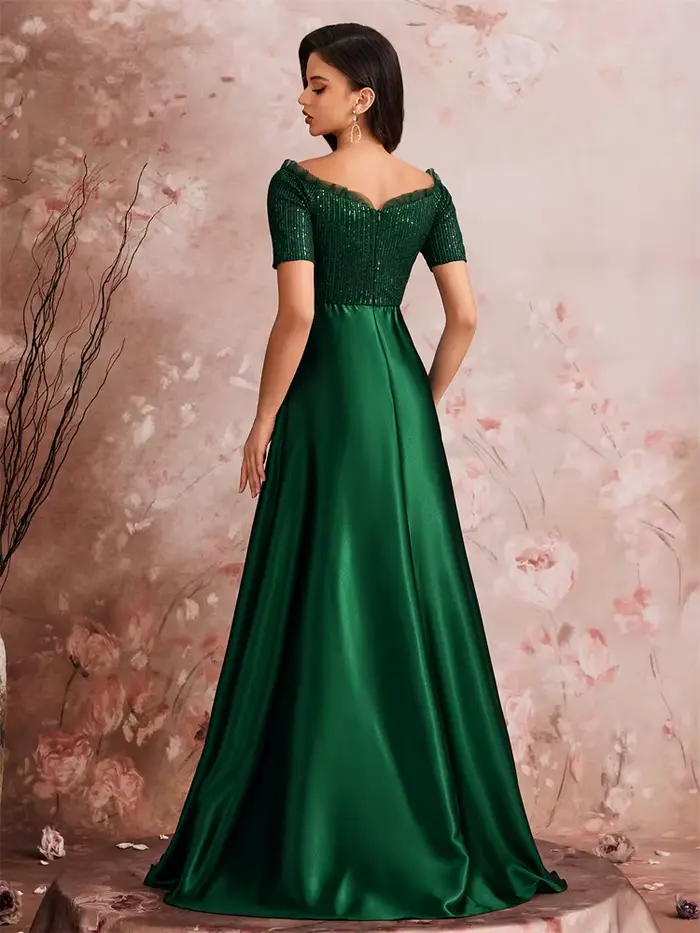 Robe de soirée de luxe en satin vert col en V pour femmes soirées officielles mariages bals cocktail épaules dénudées