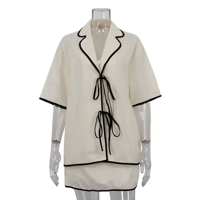 Été ample Beige coton 2 pièces ensembles femmes tenue 2025 décontracté demi manches chemise avec taille haute Mini jupe