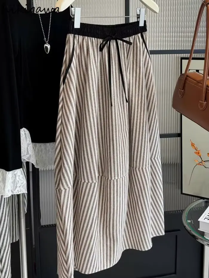 Vintage rayé jupes pour femmes élastique taille haute coupe ajustée Jupe 2025 Faldas Mujer De Moda ample été Saia