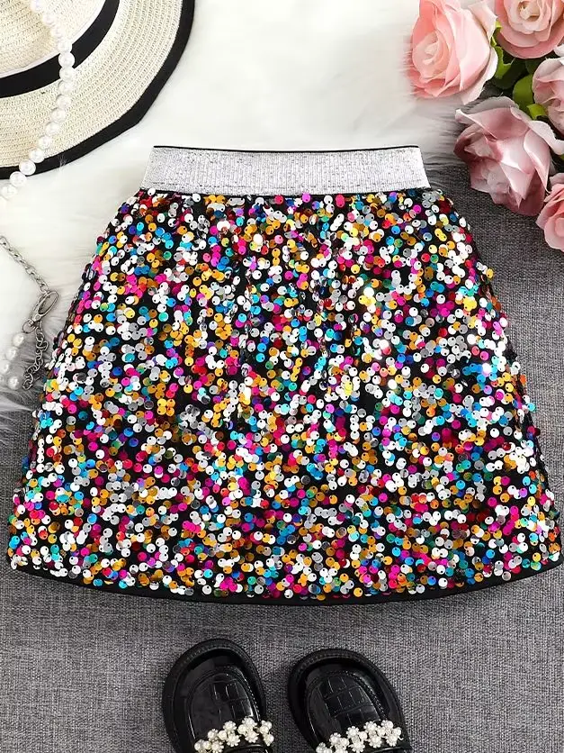 Printemps et automne nouvelle jupe trapèze taille haute à paillettes brillantes pour filles; Une seu
