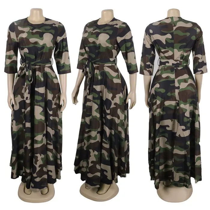 Robe de soirée de bal imprimée Camouflage sexy pour femmes élégante longue silhouette une ligne col rond soirée de gala mariage cérémonie de fin d'année