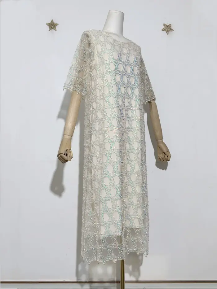 Glamour irisé femmes nouvelle paillettes perle perlée motif géométrique scintillant embelli col rond manches courtes maille robe mi-longue