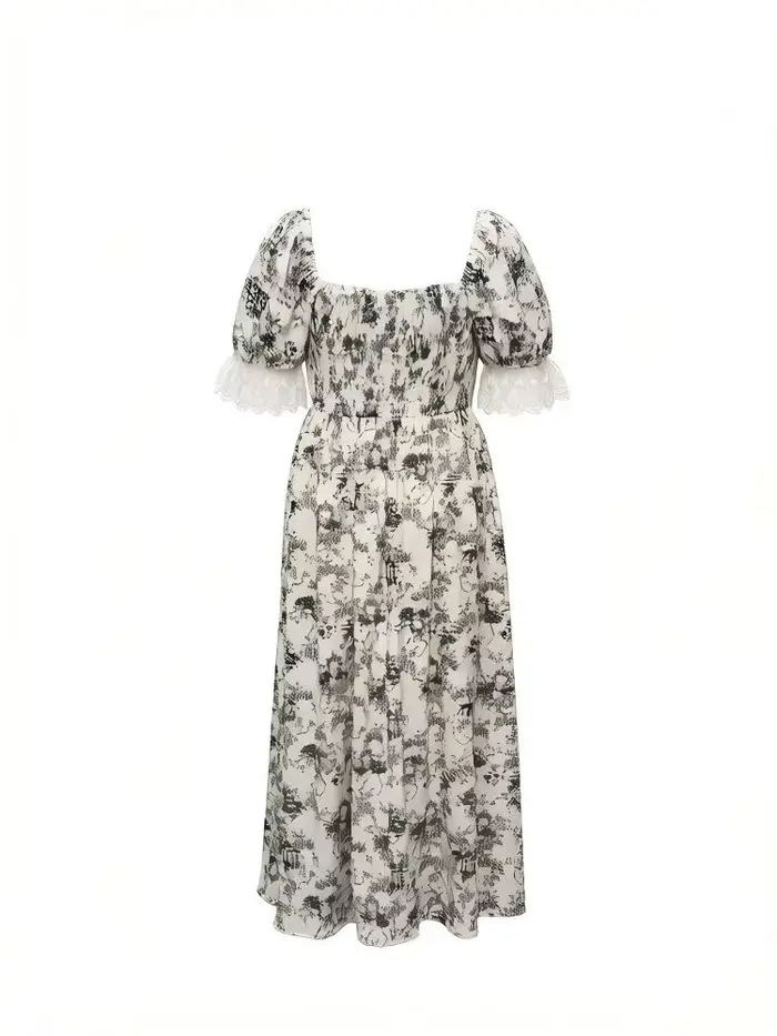 Robe longue vintage imprimé Toile de Jouy pour femme