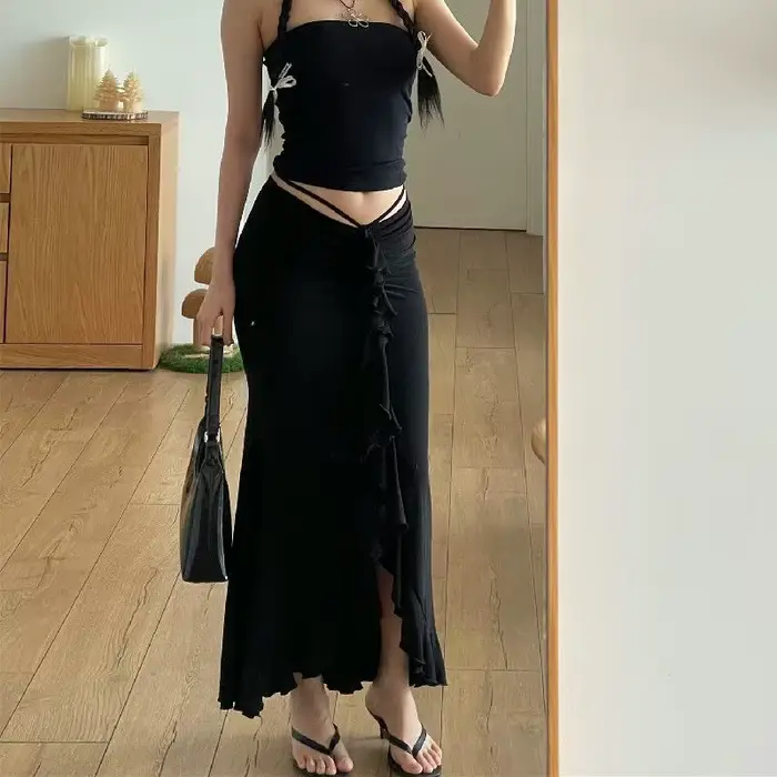 Jupe plissée mi-longue taille basse pour femme