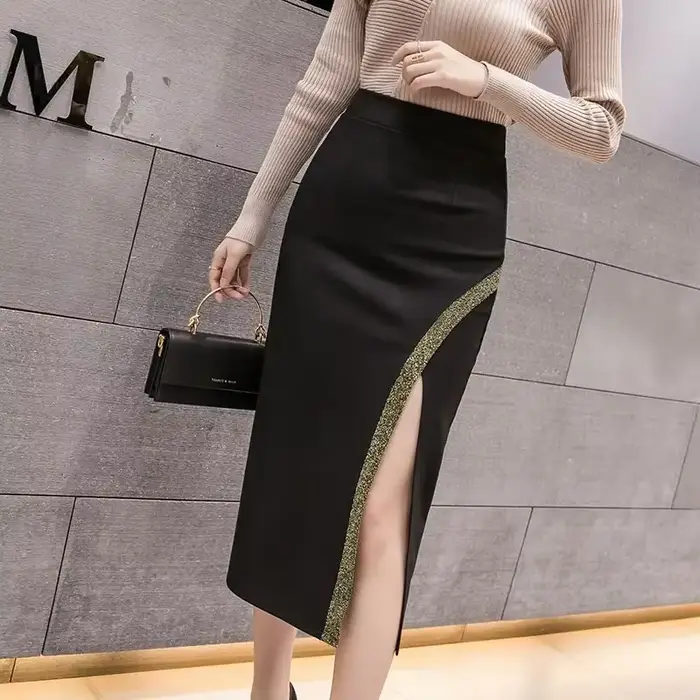 Avec fente Patchwork jupe femme taille haute portefeuille serré femme jupes Midi modeste Y2k Vintage