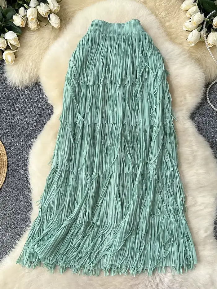 LANMREM jupes à franges femmes mode 2025 printemps été nouvelle taille élastique couleur unie décont