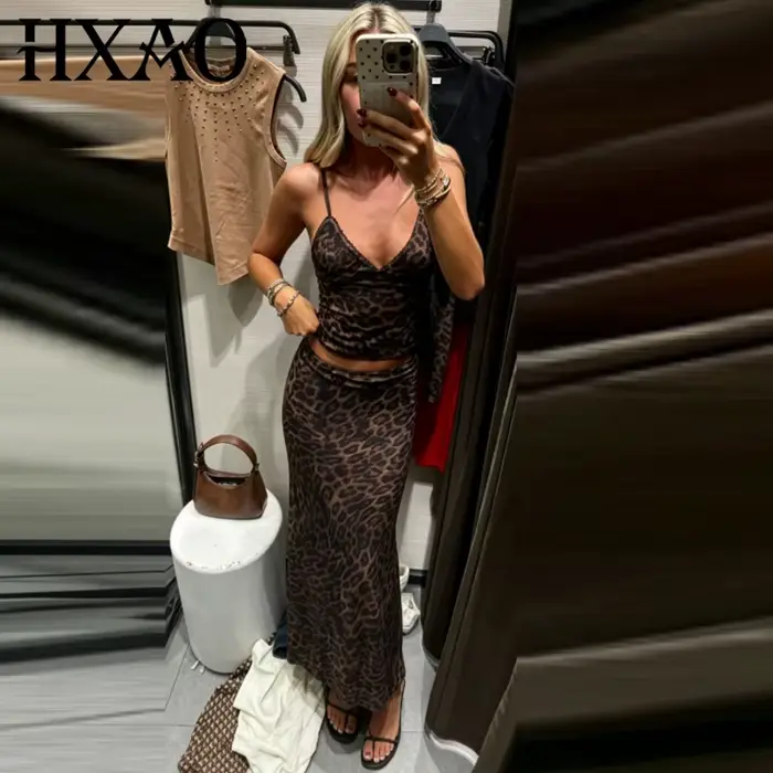 Ensemble jupe en tulle imprimé léopard HXAO pour femme avec crop top et jupe longue haute street occasions sorties nocturnes carnavals
