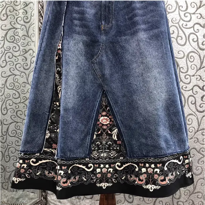 Top qualité nouvelle jupe en jean 2025 automne hiver Design dame Vintage imprimé fleuri Patchwork mi-mollet longueur