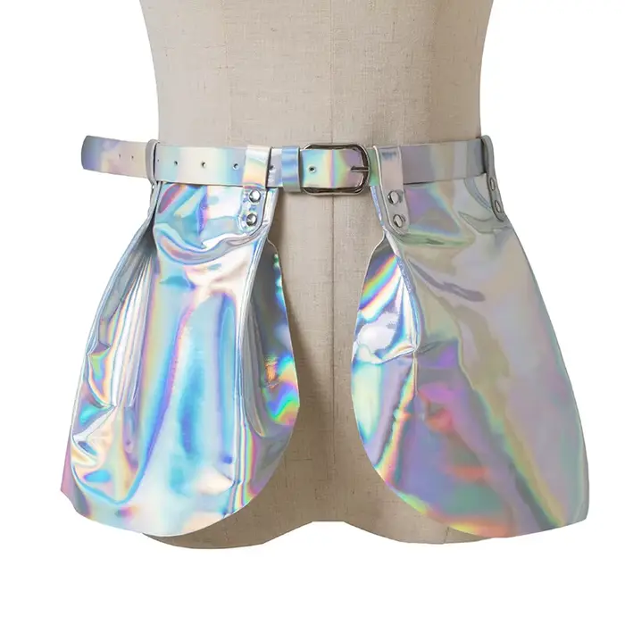 Mini jupe gothique métallique argentée pour femme, hologramme de danse sexy, jupe ceinturée à la tai