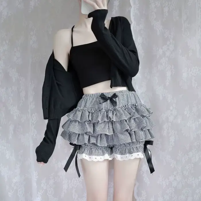 Jupe mi-longue d'été à taille haute à carreaux, jupe-short moelleuse anti-transparence, style Lolita