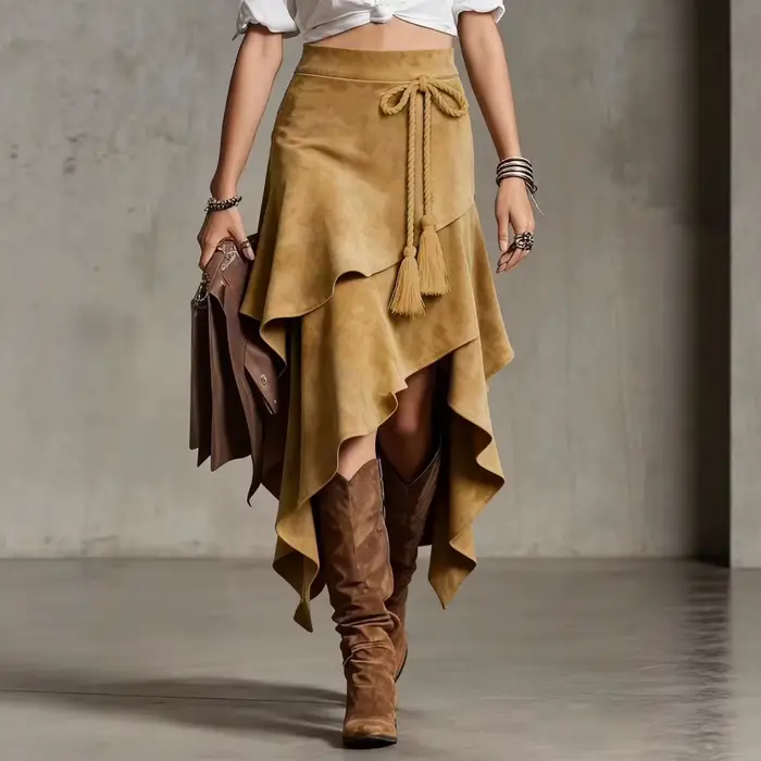 Jupe longue asymétrique vintage en daim pour femme, taille haute, coupe ajustée