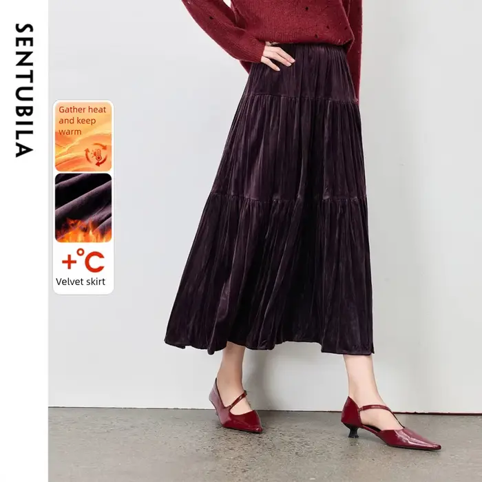 Jupe en velours Sentubila pour femme, élégante jupe à volants, automne-hiver 2026, polyester doux, taille élastique, design moderne, coupe ample trapèze, idéale pour le bureau et les soirées chic