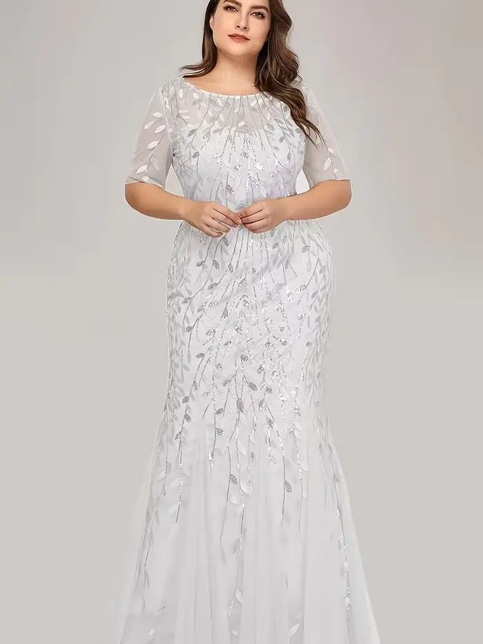 Robe de soirée sirène grande taille pour femme, manches mi-longues, col rond, broderie de feuilles e