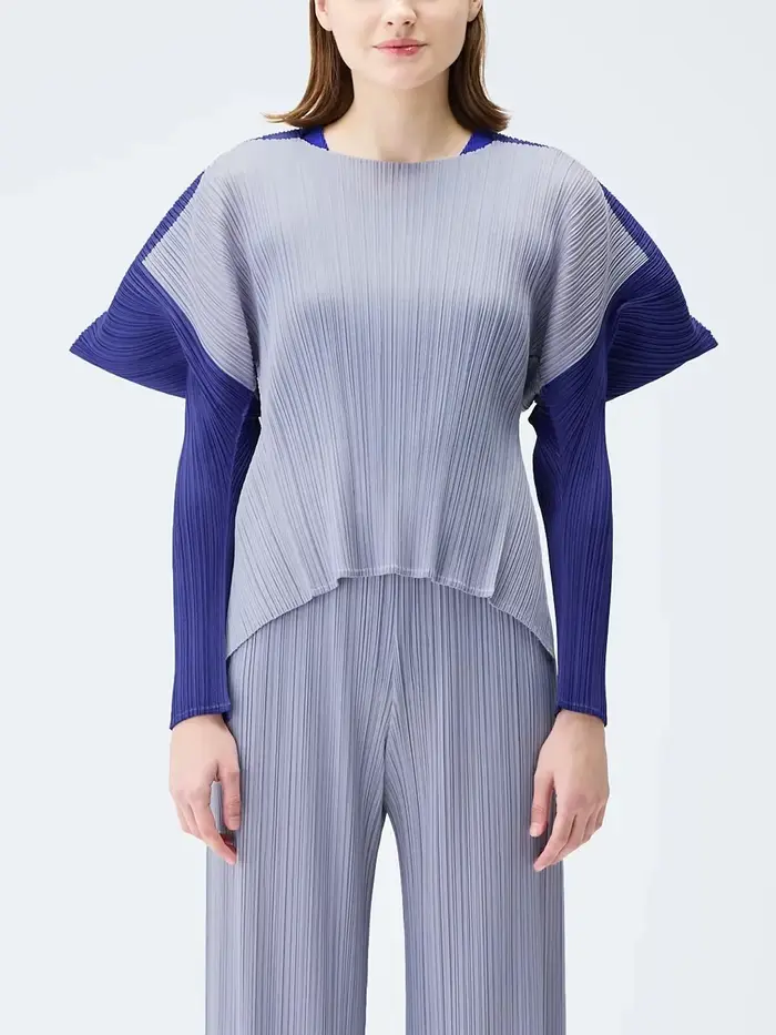Fold Miyake plissé col rond manches longues femmes formes carrées combinaisons de couleurs haut ample