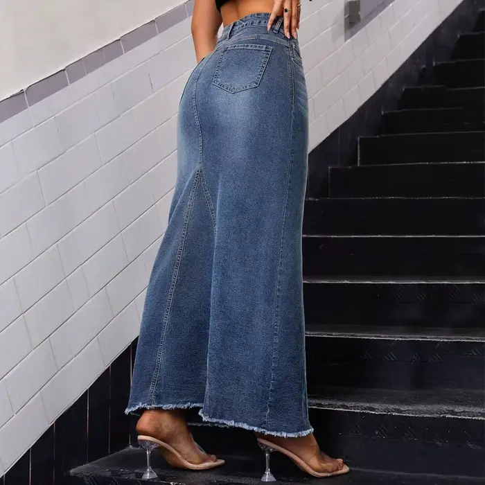 Jupes femmes Denim jupe longue hanche enveloppement taille haute poches extensibles lavé femme été Streetwear Vintage une ligne en détresse 2025