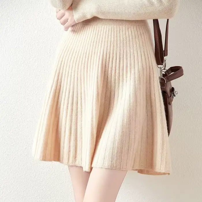 Mini jupe en laine mérinos pour femmes coréennes, jupe plissée tricotée, couleur unie, taille élasti