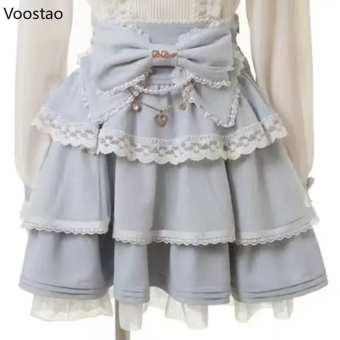 Mini jupe Style Lolita japonaise pour femmes, élégante, avec nœud, chaîne de perles, gâteau de fête,