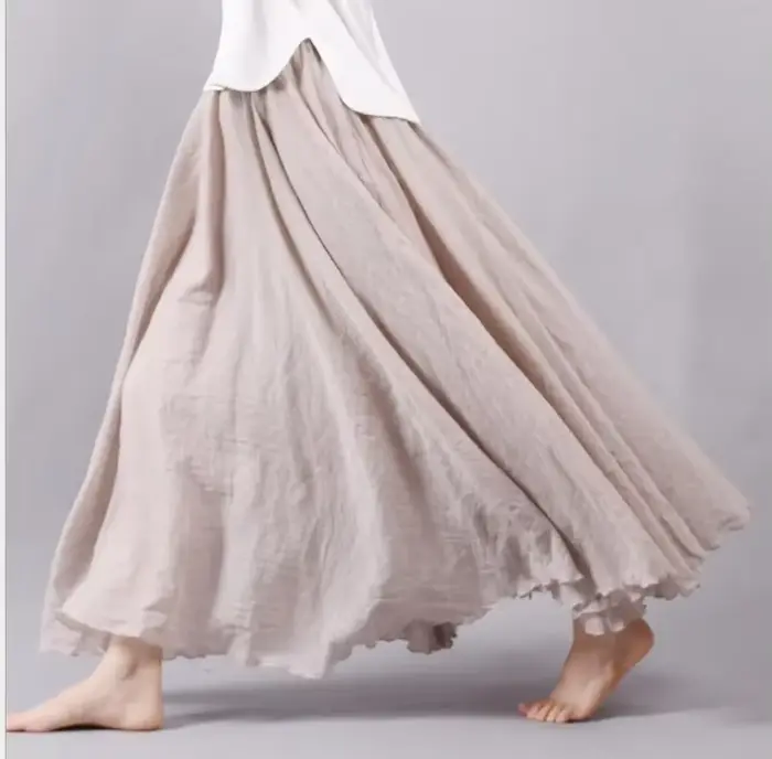 Nouvelles femmes d'été Vintage coton lin jupe solide élastique taille haute tout Match jupes Maxi St