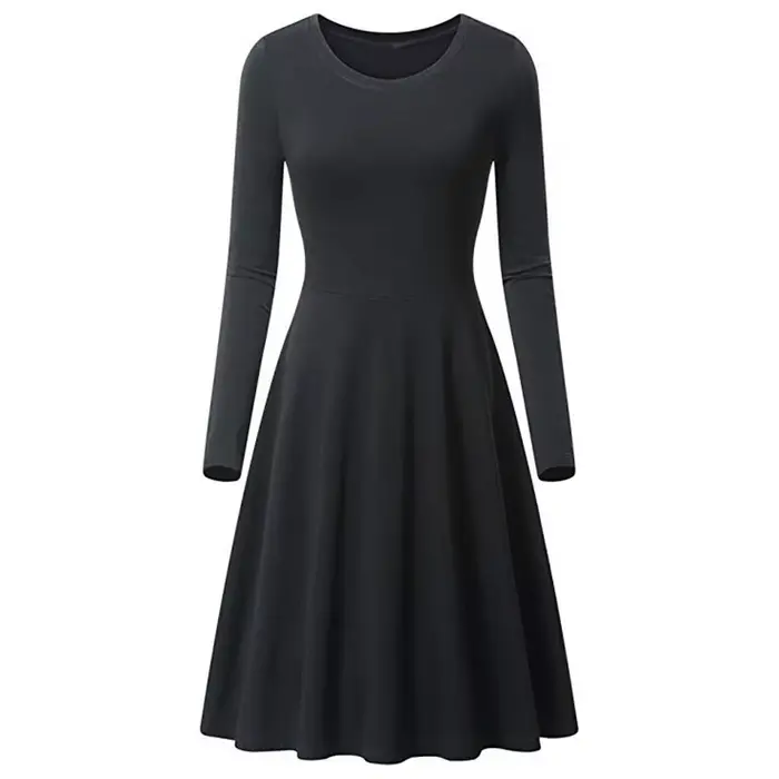 Robe trapèze à manches longues et col rond pour femme, tenue lisse et élégante, couleur unie, tenue 