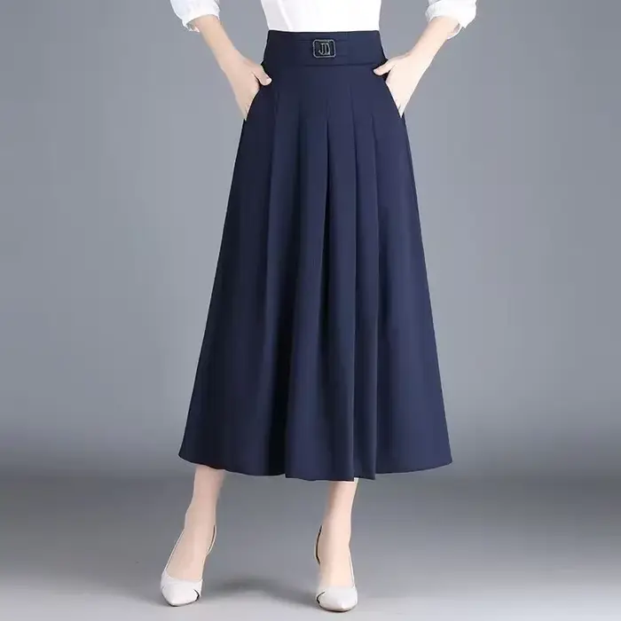 New Skirt Mid-length A-line Pleated Fashionable and Elegant Solid Color Versatile Casual High-waisted Large Hem
