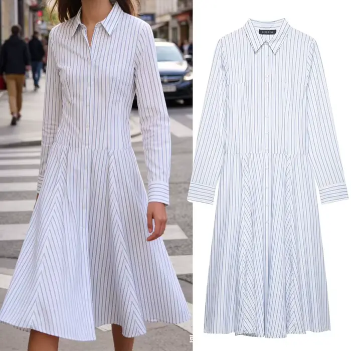 Robe midi style chemise rayée SAW Independent Station Nouvelle Arrivée Élégante Streetwear Polyester Manches Longues Col Polo Coupe A-Lin...