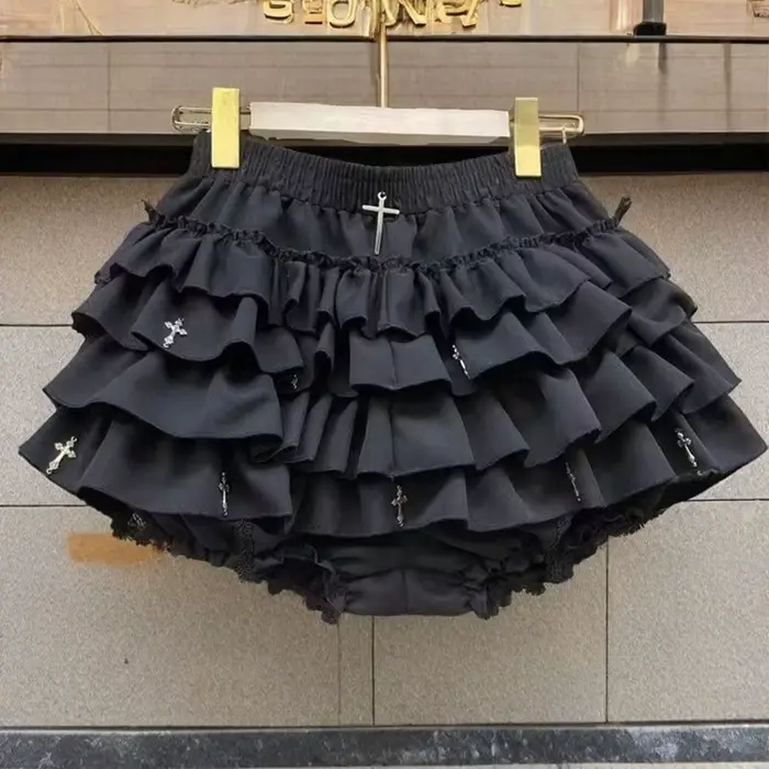 Mini-jupes pour femmes, jupes gothiques à volants superposés avec breloques croisées, shorts intégré