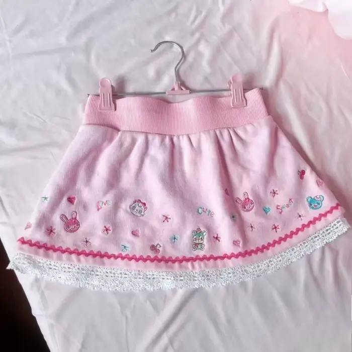 Mini-jupe japonaise Kawaii brodée style dessin animé, patchwork de dentelle, pour femme, style JK, e