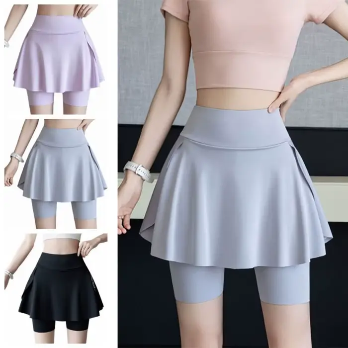 Jupe de tennis élastique pour femmes séchage rapide protection anti-exposition conception jupe faux deux pièces matériaux polyester construction sans couture occasions sportives et quotidiennes