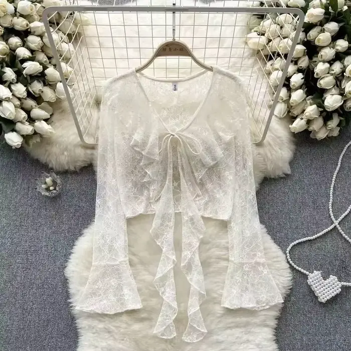 Manches longues mince respirant T-shirts femmes dentelle nœud Cardigan Blouse vêtements volants protection solaire