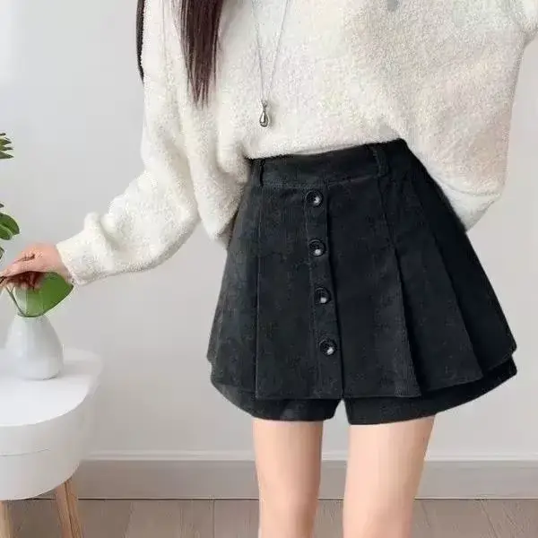 Jupe pantalon en velours côtelé pour femmes, nouveau short rétro plissé taille haute avec bande pola