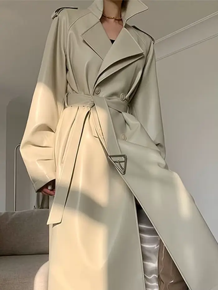 Lautaro-Trench-coat long en similicuir pour femme, ceinture, double boutonnage, luxe, élégant, mode,