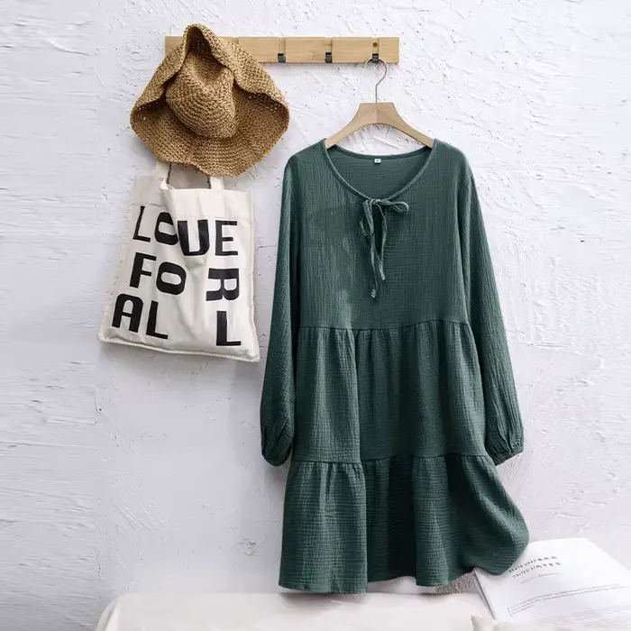 Robe en mousseline 100% coton pour femmes, robe ample à col en V, manches longues, à lacets, style b