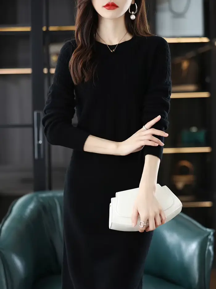 Robe en laine pure tricotée col rond longueur aux genoux pour femmes style bureau dame automne hiver occassions spéciales