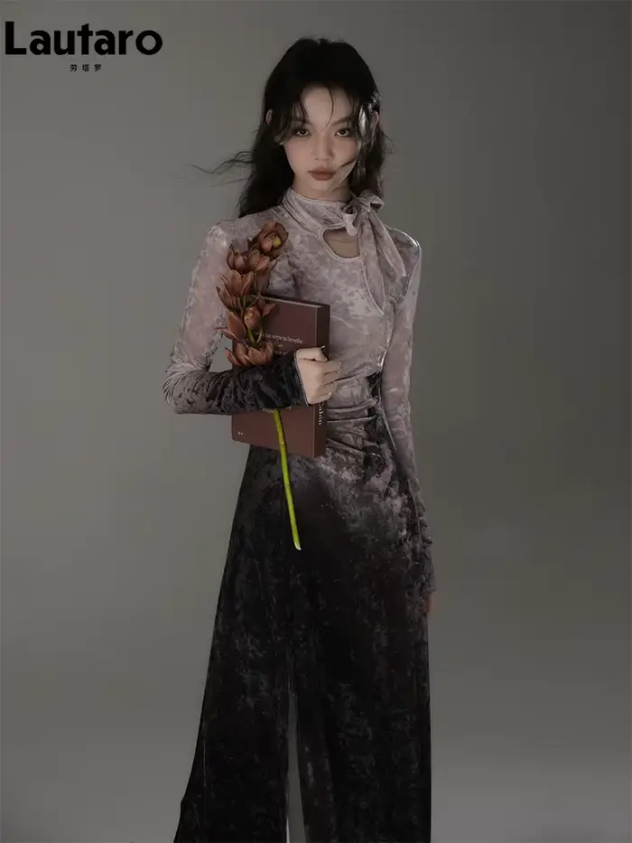 Lautaro printemps longue colorée soirée robes mi-longues femme avec fente haute élégant luxe dégradé imprimé fleuri Vlevet robe 2025