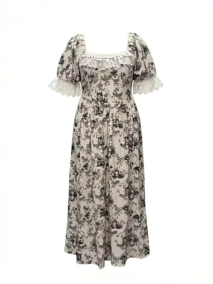 Robe longue vintage imprimé Toile de Jouy pour femme