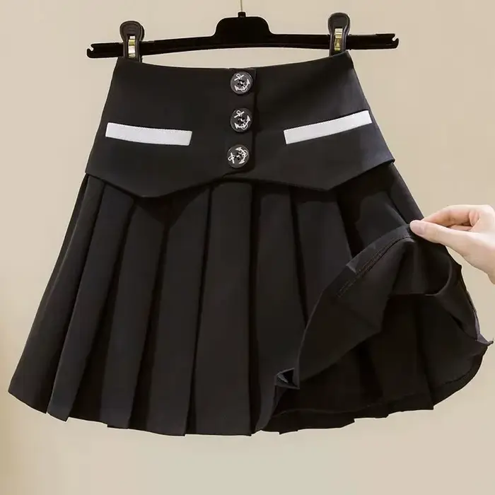 Mini jupe plissée à boutons assortis avec fermeture éclair, taille haute, mode coréenne, école, Kawa