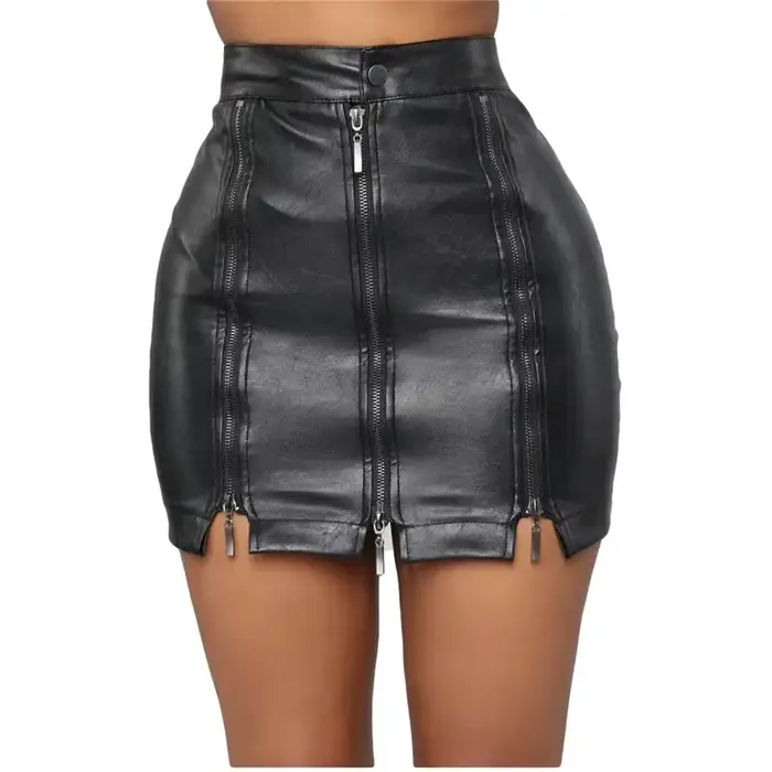 Mode moulante noir Faux cuir jupe Saia De Couro Feminina 5XL taille haute Zip PU cuir Mini jupes cra