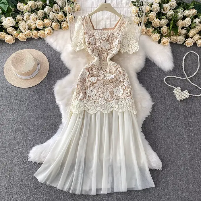 Marque formelle luxe robe de soirée femmes été à manches courtes broderie Crochet dentelle longues r