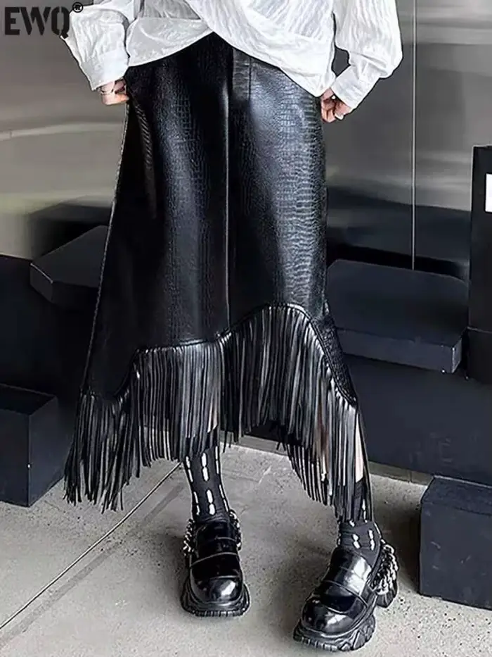 [EWQ] taille élastique jupe à franges noir à la mode vêtements pour femmes élégant