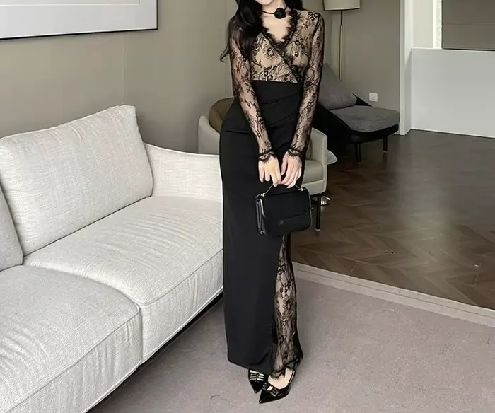 Robe noire en dentelle patchwork à manches longues pour femmes automne hiver 2025 élégante à offrir pour bureau et soirées