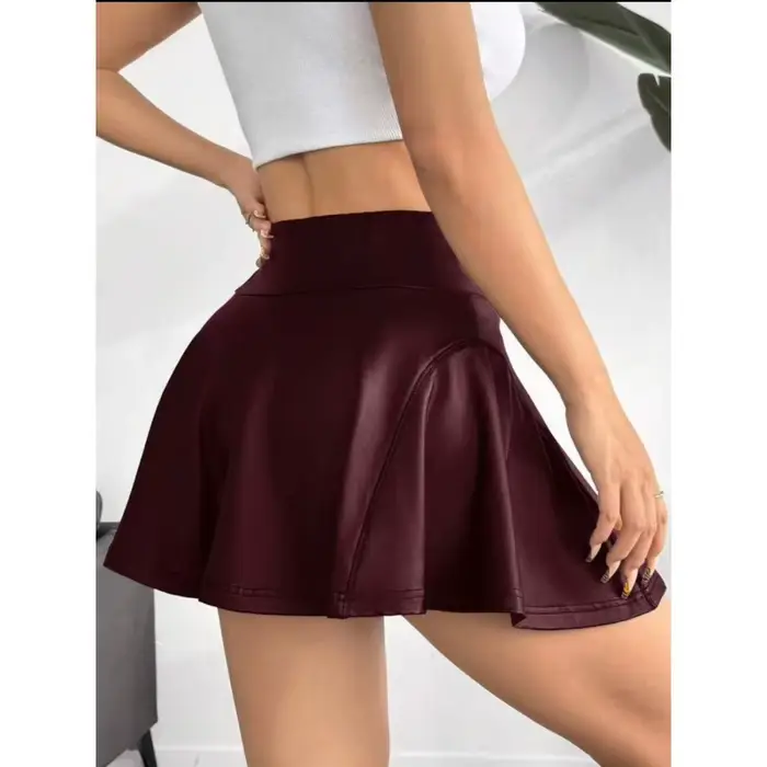 Mini-jupe taille haute évasée pour femme, style motard, effet amincissant, surface brillante, tendan
